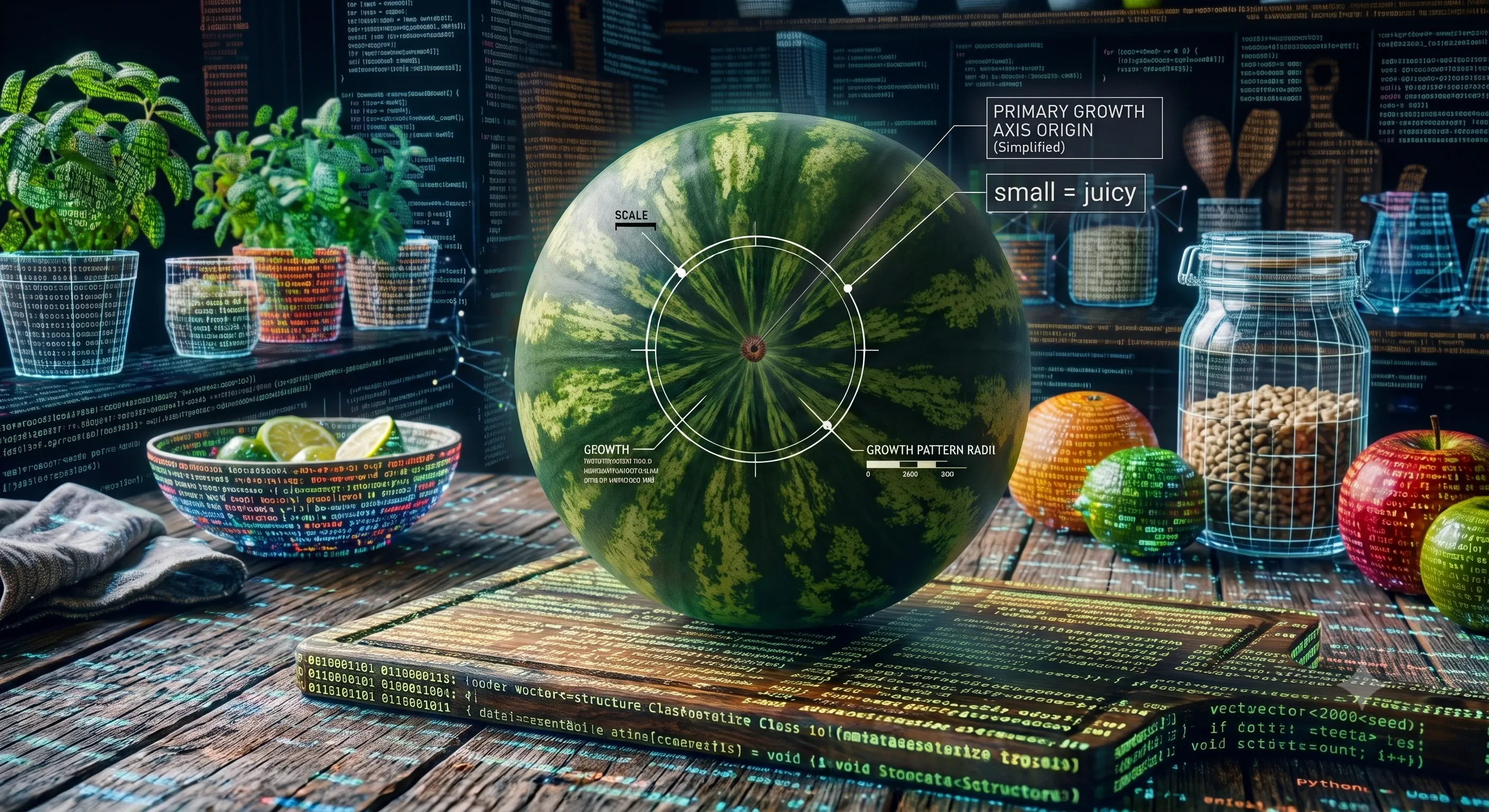 A watermelon overlaid with blueprint-style growth diagrams on a wooden table, surrounded by produce and lines of code